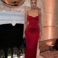 Red Spaghetti Straps Sheath Satin Long Evening Party Dress, DP4043