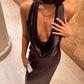 Dark Brown Halter V Neck Backless Sheath Satin Long Party Dress, DP4044