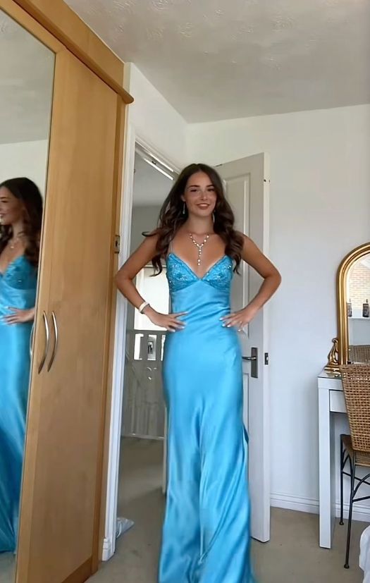 Blue Straps V Neck Satin Long Formal Party Dress Wedding Guest Dress, DP4046