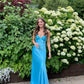 Blue Straps V Neck Satin Long Formal Party Dress Wedding Guest Dress, DP4046