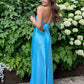 Blue Straps V Neck Satin Long Formal Party Dress Wedding Guest Dress, DP4046