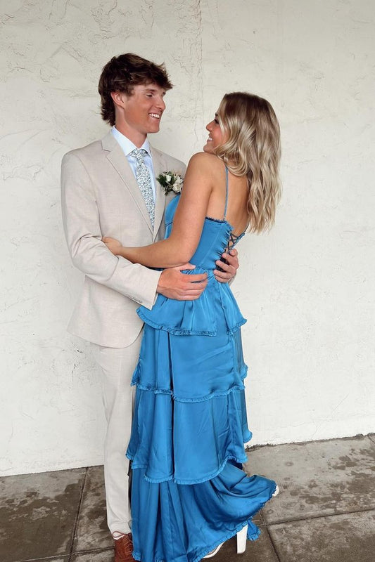 Blue Spaghetti Straps A-Line Tiered Long Prom Dress Party Dress, DP4054