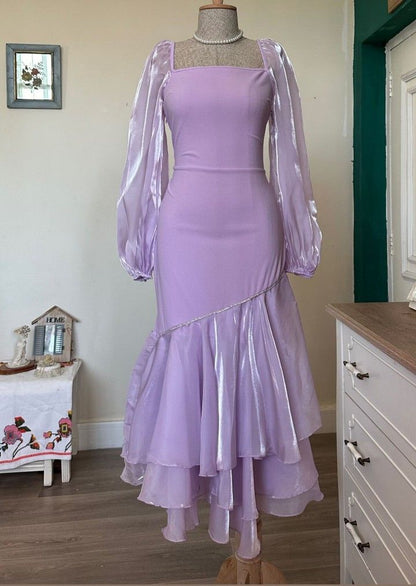 Modest Purple Long Sleeves Sheath Ruffles Long Party Dress, DP4058