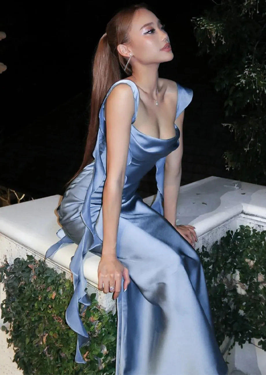 Blue Straps Sheath Satin Long Party Dress Wedding Guest Dress, DP4064