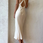 Ivory Deep V Neck Lace Satin Backless Elegant Party Dress, DP2406