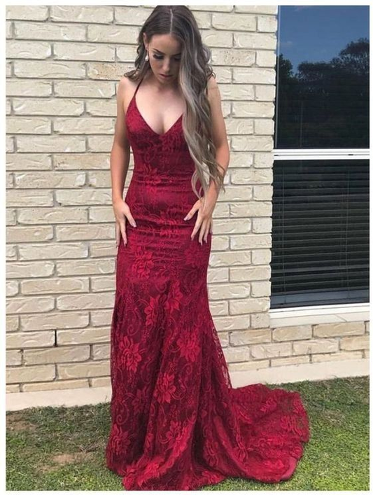 Mermaid V-neck Open Back Lace Long Burgundy Prom Dress,DP406