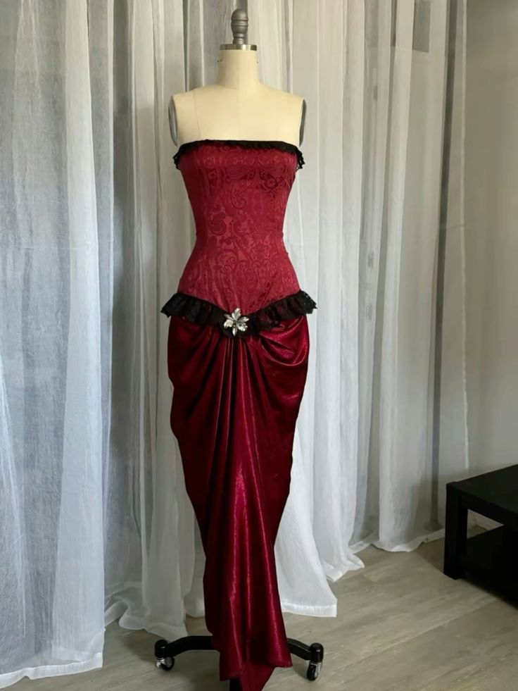 Wine Red Strapless Sheath Lace Satin Long Formal Evening Dress, DP4075