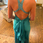 Blue Sweetheart Open Back Sheath Satin Long Party Dress, DP4077