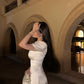 White V Neck Sheath Satin Long Party Dress with Short Sleeves, DP4078