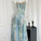 Blue Spaghetti Straps A-Line Long Party Dress Wedding Guest Dress, DP4080