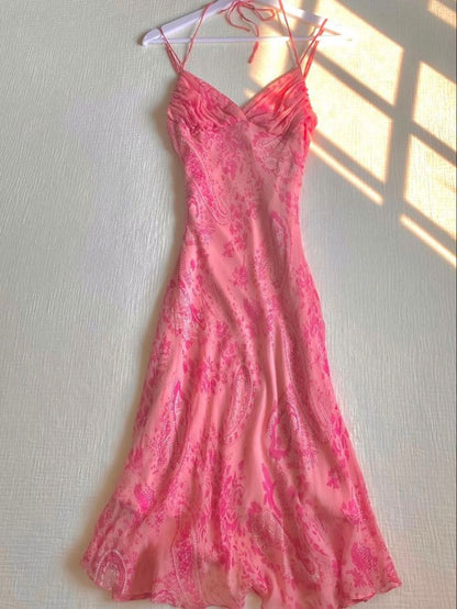 Pink Halter Straps Printed Chiffon Long Party Dress, DP4082