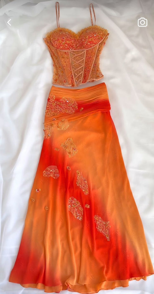 Orange 2 Pieces Straps Lace Chiffon Chic Long Party Dress, DP4084