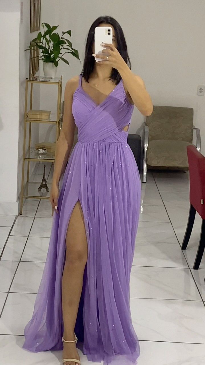 Purple Spaghetti Straps A-Line Tulle Long Formal Party Dress, DP4085