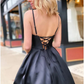 Black Satin Sleeveless V Neck Backless with Beading and Pocket Fromal Prom Dress,DP408