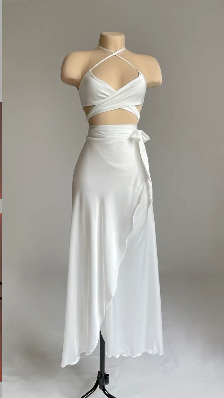 White Halter Cross Neck A-Line Satin Long Party Dress, DP4095