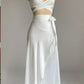 White Halter Cross Neck A-Line Satin Long Party Dress, DP4095