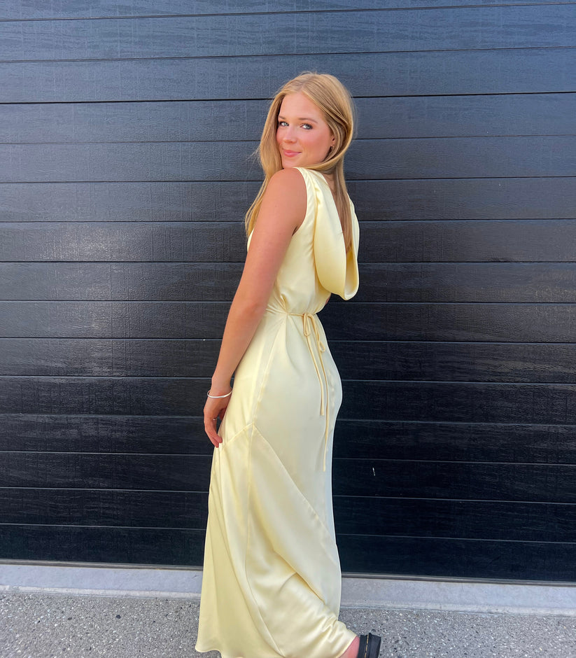 Light Yellow Sleeveless Satin Elegant Long Party Dress, DP2409