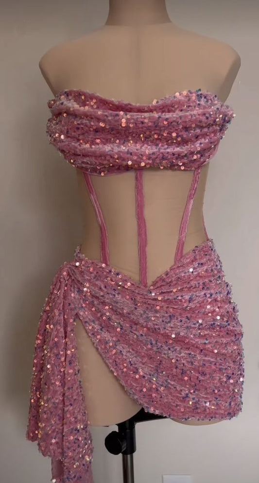 Pink Strapless Sequins Homecoming Dress Short Party Dress, DP4102