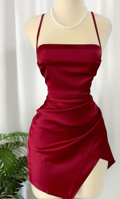 Wine Red Straps Sheath Satin Short Party Dress Homecoming Dress, DP4105