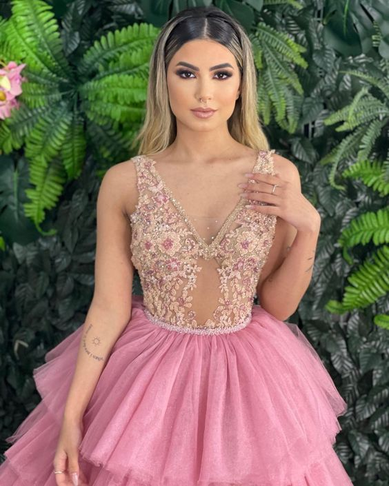 Dusty Rose Tiered Tulle Slit Quinceanera Prom Dress Ball Gown,DP410