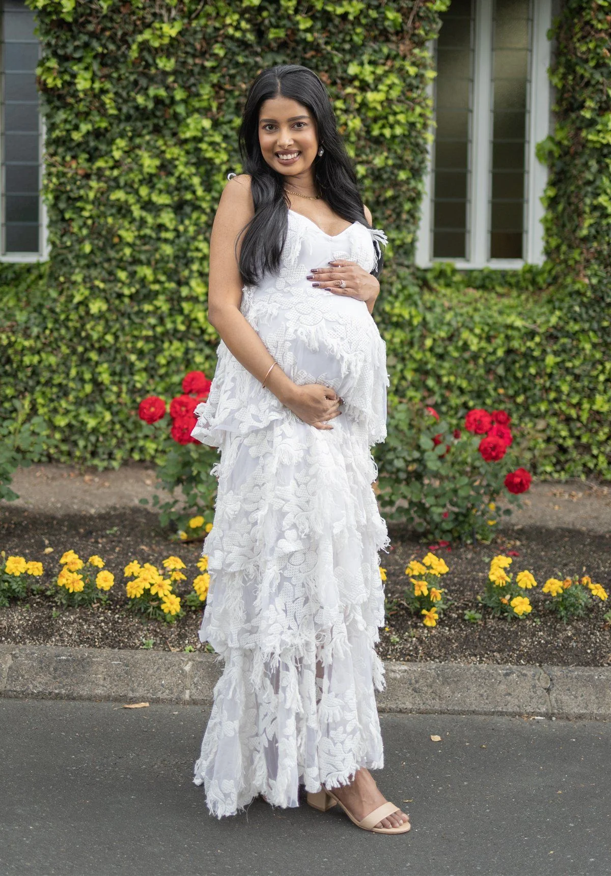 White V Neck Spaghetti Straps A-Line Lace Tiered Elegant Party Dress, DP2410