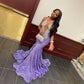 Purple Halter Beads Sequins Mermaid Black Girl Long Evening Gown, DP4110