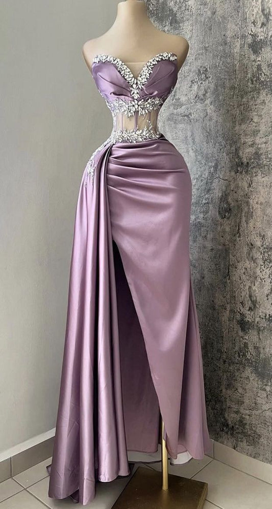 Light Purple Sweetheart Beads Satin Sheath Long Prom Dress Evening Gown, DP4111