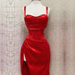 Red Sreaps Sheath Satin Cocktail Dress Short Party Dress, DP4113