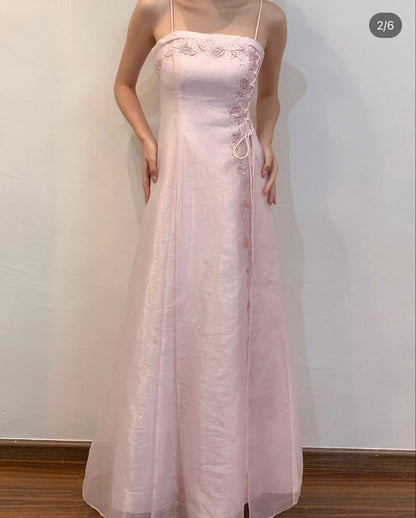 Pink A-Line Spaghetti Straps Vintage Long Prom Dress, DP4114