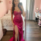 Fuchsia Sweetheart Satin Beading Long Prom Dress with Split, DP4118