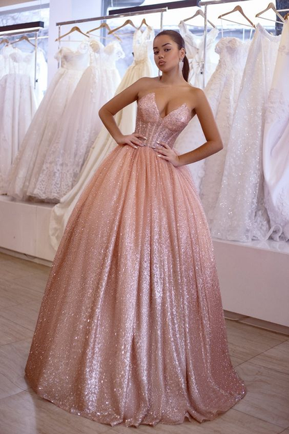 Sparkly Pink A-line Strapless Sequin Long Prom Party Evening Dresses,DP412