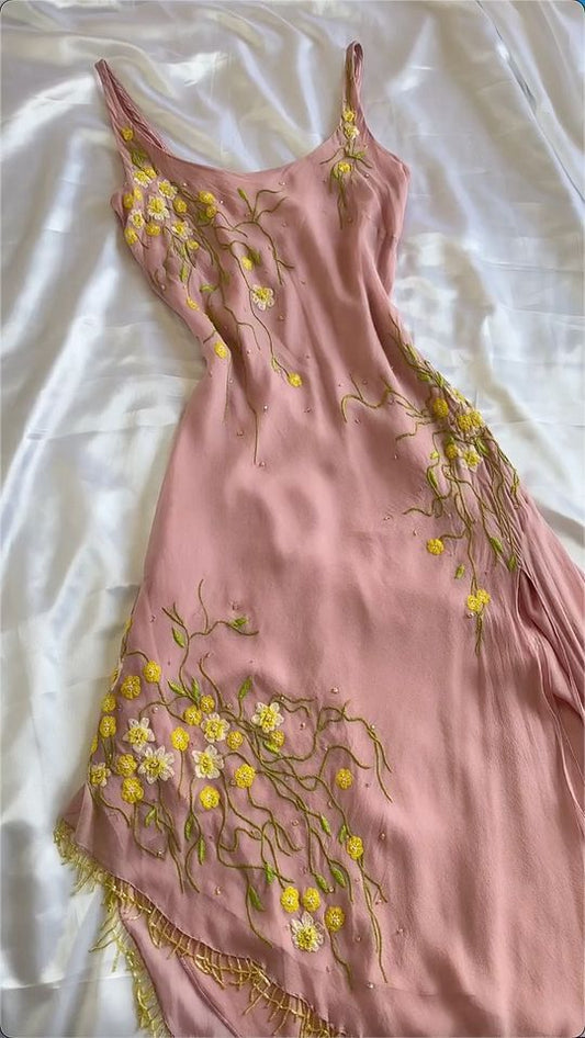 Pink Spaghetti Straps Embroidery Sheath Vintage Party Dress, DP4120