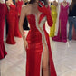 Sexy Red One Shoulder Beads Satin Long Party Dress Evening Gown, DP4122