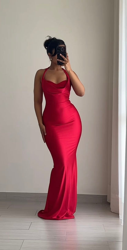 Sexy Red Halter Mermaid Satin Long Evening Party Dress, DP4132