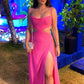 Elegant Pink Spaghetti Straps Sheath Long Party Dress, DP4140