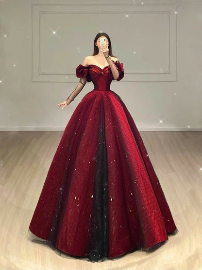 Wine Red Off Shoulder A-Line Tulle Satin Long Formal Prom Dress, DP4149