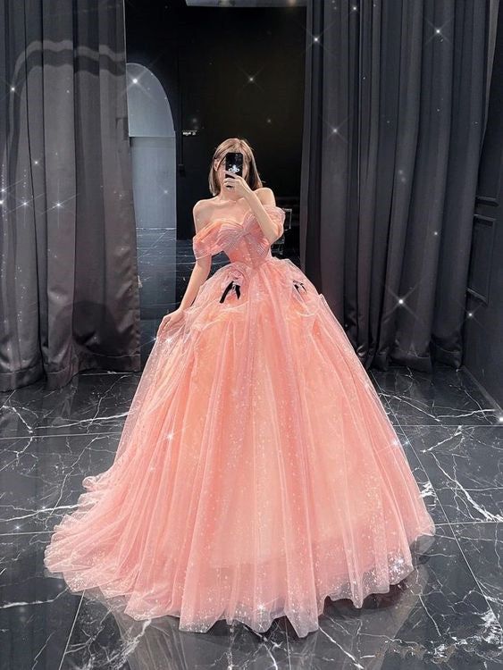 Pink Off Shoulder A-Line Tulle Long Prom Dress Evening Gown, DP4150