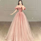 Pink Off Shoulder Tulle A-Line Long Formal Prom Dress, DP4153