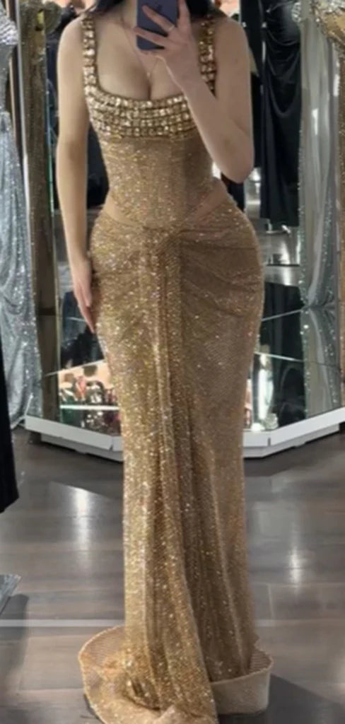 Gold Straps Mermaid Beading Long Party Dress Evening Gown, DP4159