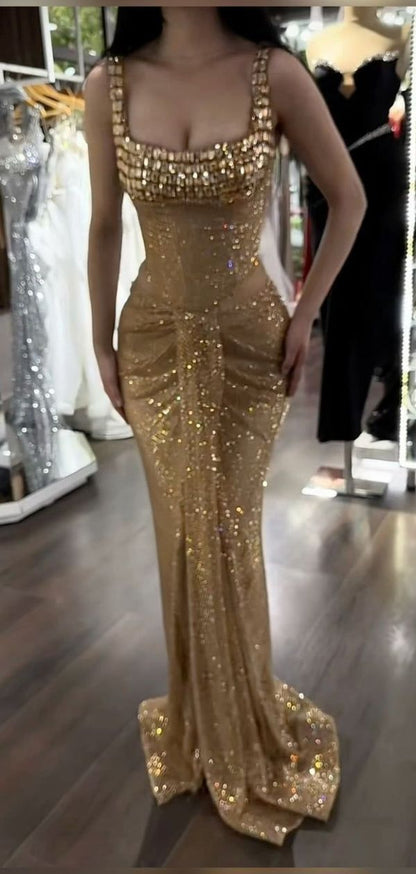 Gold Straps Mermaid Beading Long Party Dress Evening Gown, DP4159