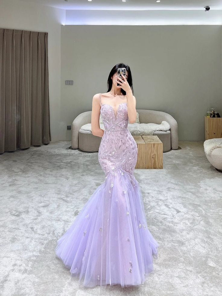 Lilac Straps Mermaid Tulle Long Party Dress Evening Gown, DP4160