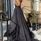 Shiny Tulle V-Neck Open Back Black Long Prom Dresses with High Slit Formal Graduation Evening Dresses,DP415