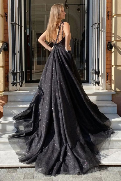 Shiny Tulle V-Neck Open Back Black Long Prom Dresses with High Slit Formal Graduation Evening Dresses,DP415