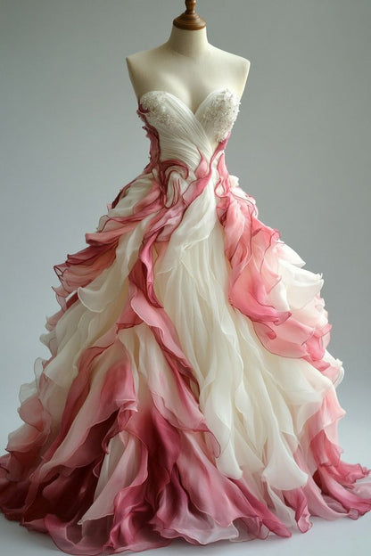 Chic Sweetheart Neck Ombre A-Line Ruffles Strapless Prom Gown Wedding Dress DP4165