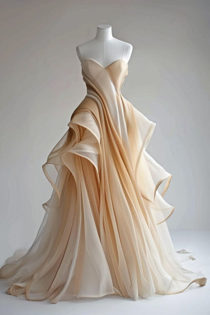 champagne ombre wedding dress Pleated Ombre Champagne Tulle Bridal Dresses Sweet Heart Neckline Minimalist Wedding Dresses AWD1667