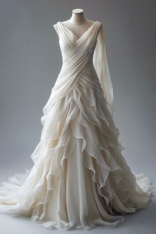 Elegant V Neck Ivory A-Line Layers Vintage Wedding Dress, DP4169