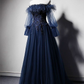 Dark Blue A-Line Off Shoulder Tulle Long Prom Dress Evening Dress,DP416