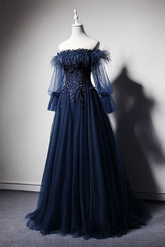 Dark Blue A-Line Off Shoulder Tulle Long Prom Dress Evening Dress,DP416