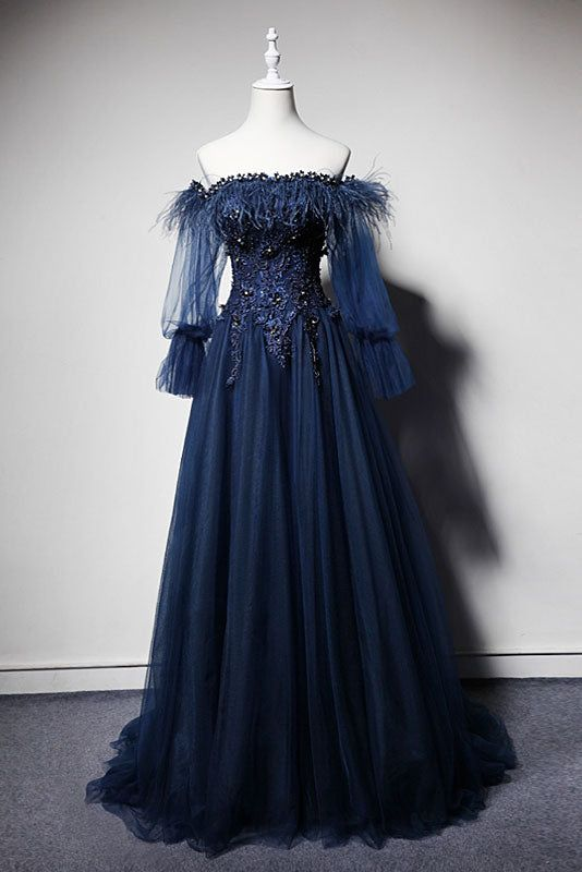 Dark Blue A-Line Off Shoulder Tulle Long Prom Dress Evening Dress,DP416