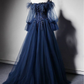 Dark Blue A-Line Off Shoulder Tulle Long Prom Dress Evening Dress,DP416